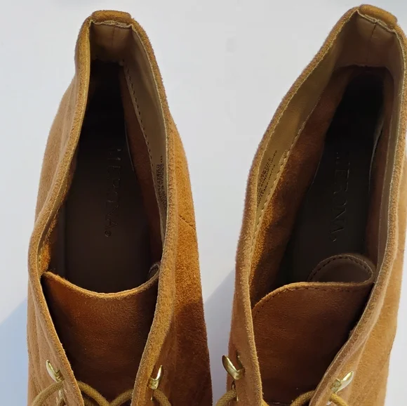 Wedge MERONA Ankle Boots Women's Sz 9 Lace Up 3.5" Heels Tan Faux Leather - Picture 10 of 14